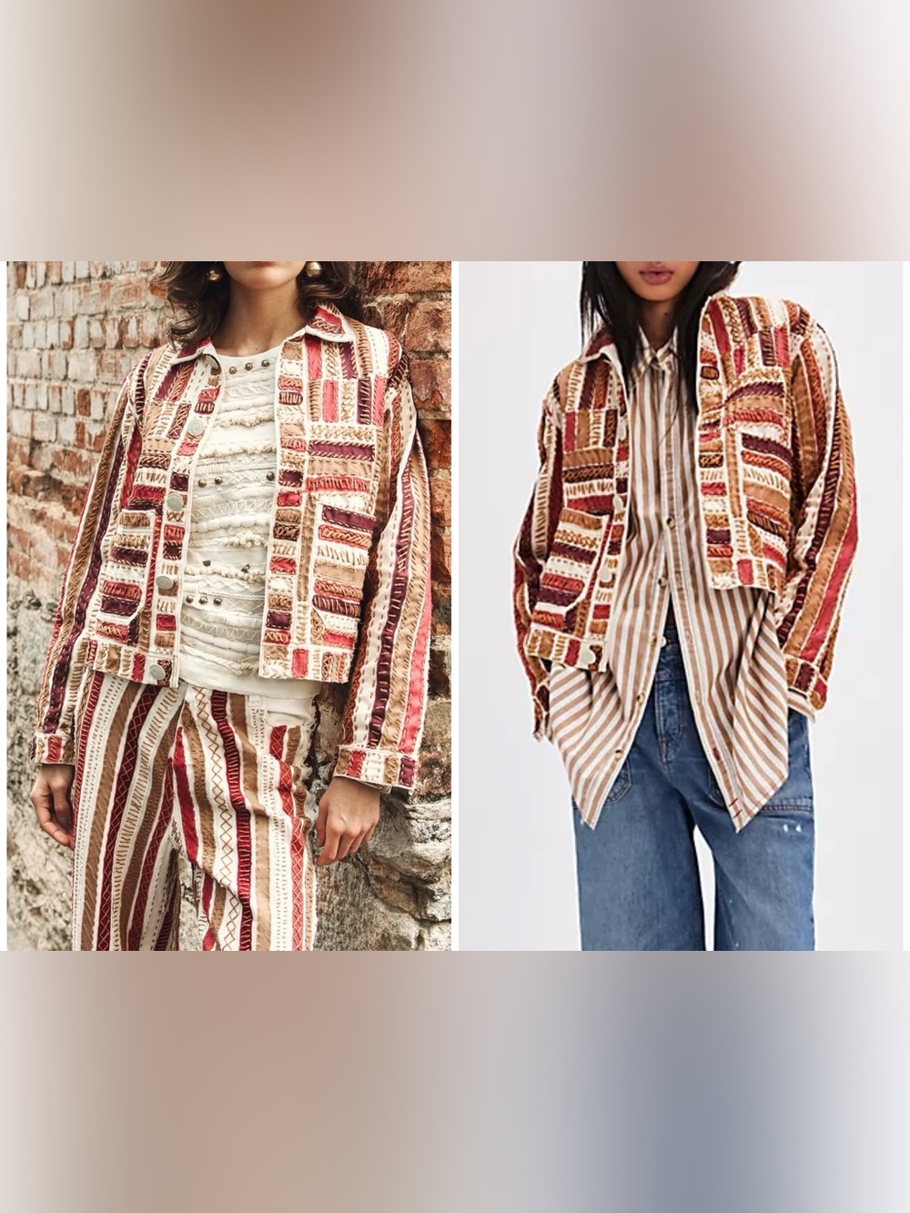 Free People Multicolor Striped & Patchwork Jean Jacket - Red, Tan, Cream